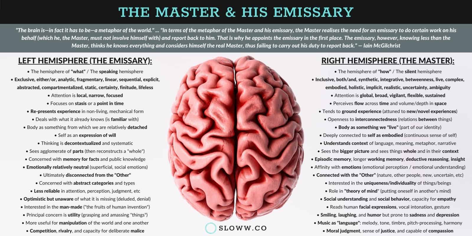 Sloww The Master and His Emissary Left Brain Right Brain Hemispheres Infographic